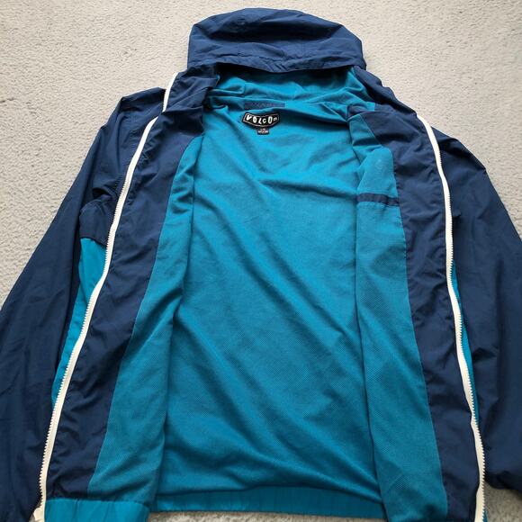 Volcom Mesh Lined Windbreaker Jacket Hoodie Mens Large Full Zip Teal Blue White - Picture 11 of 13